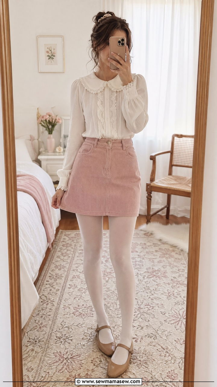 Peter Pan collar blouse with corduroy mini skirt - 35 Flirty spring outfit ideas