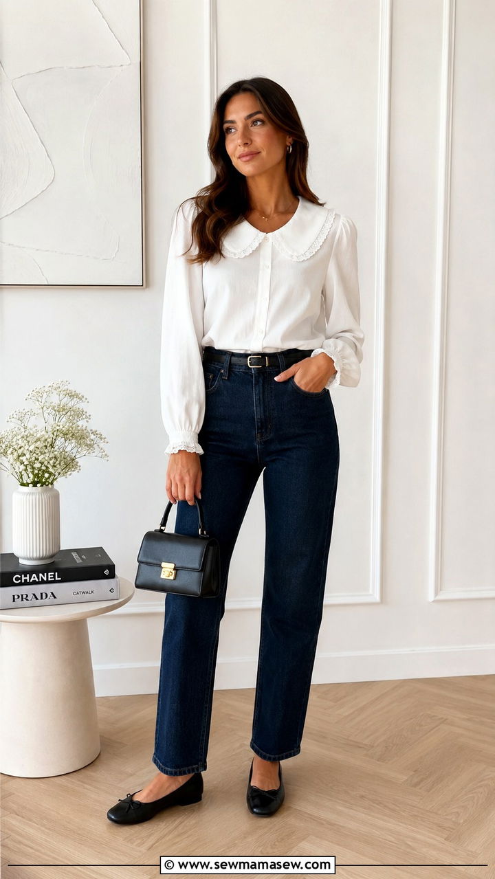 Peter Pan collar blouse with high waist straight leg jeans - 30 Grandma chic outfit ideas