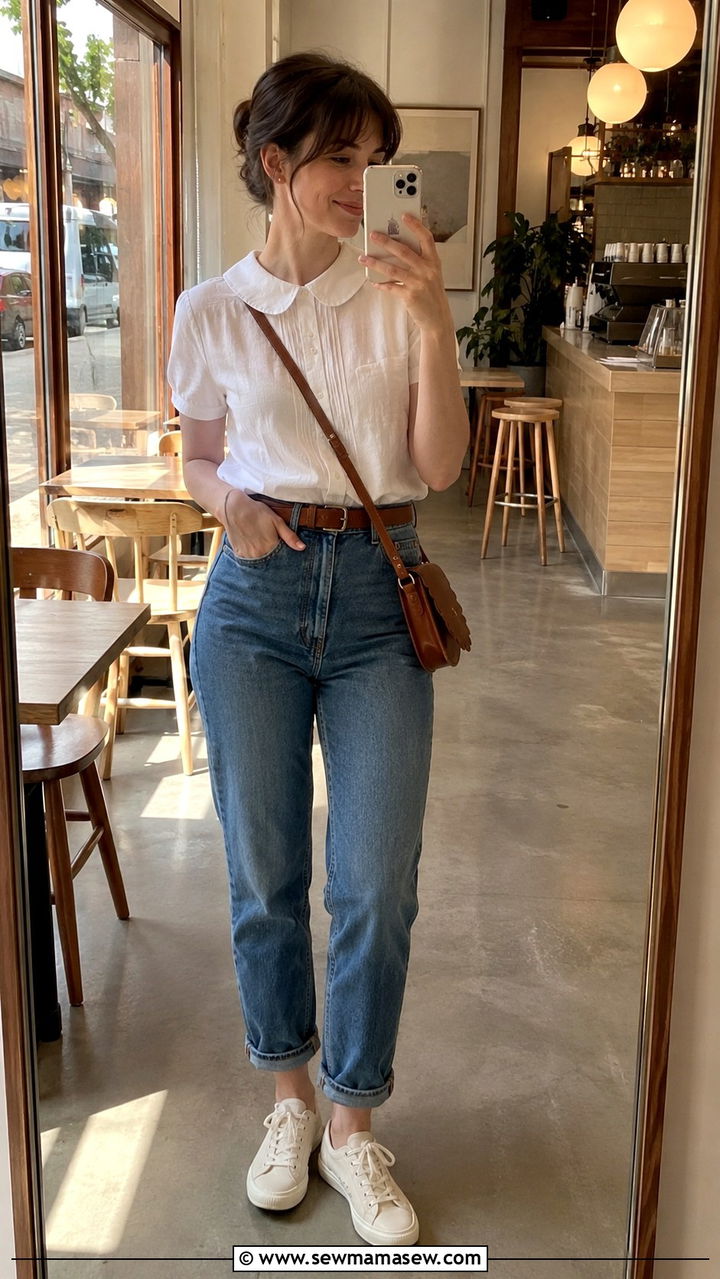 Peter Pan collar blouse with high waisted jeans outfit - 25 Mid century modern outfit ideas