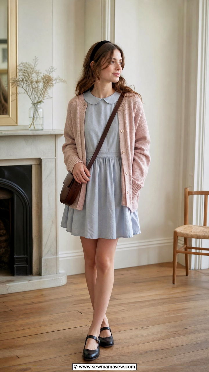 Peter Pan collar dress with cardigan and Mary Janes outfit - 40 light academia outfits