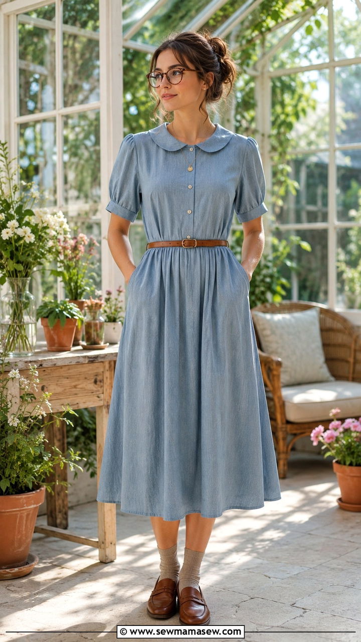 Peter Pan collar dress with loafers - 30 librarian core outfits ideas
