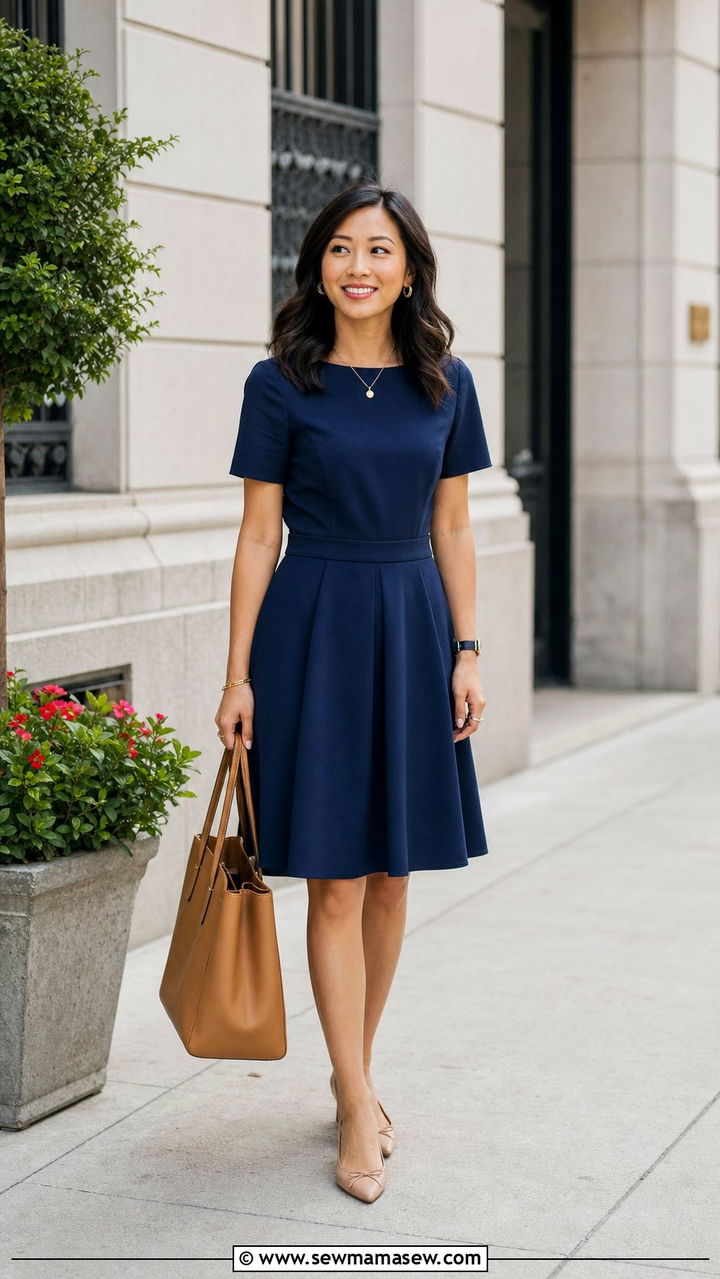 Petite A line dress with structured tote and ballet flats - 35 Business casual outfits for petite women