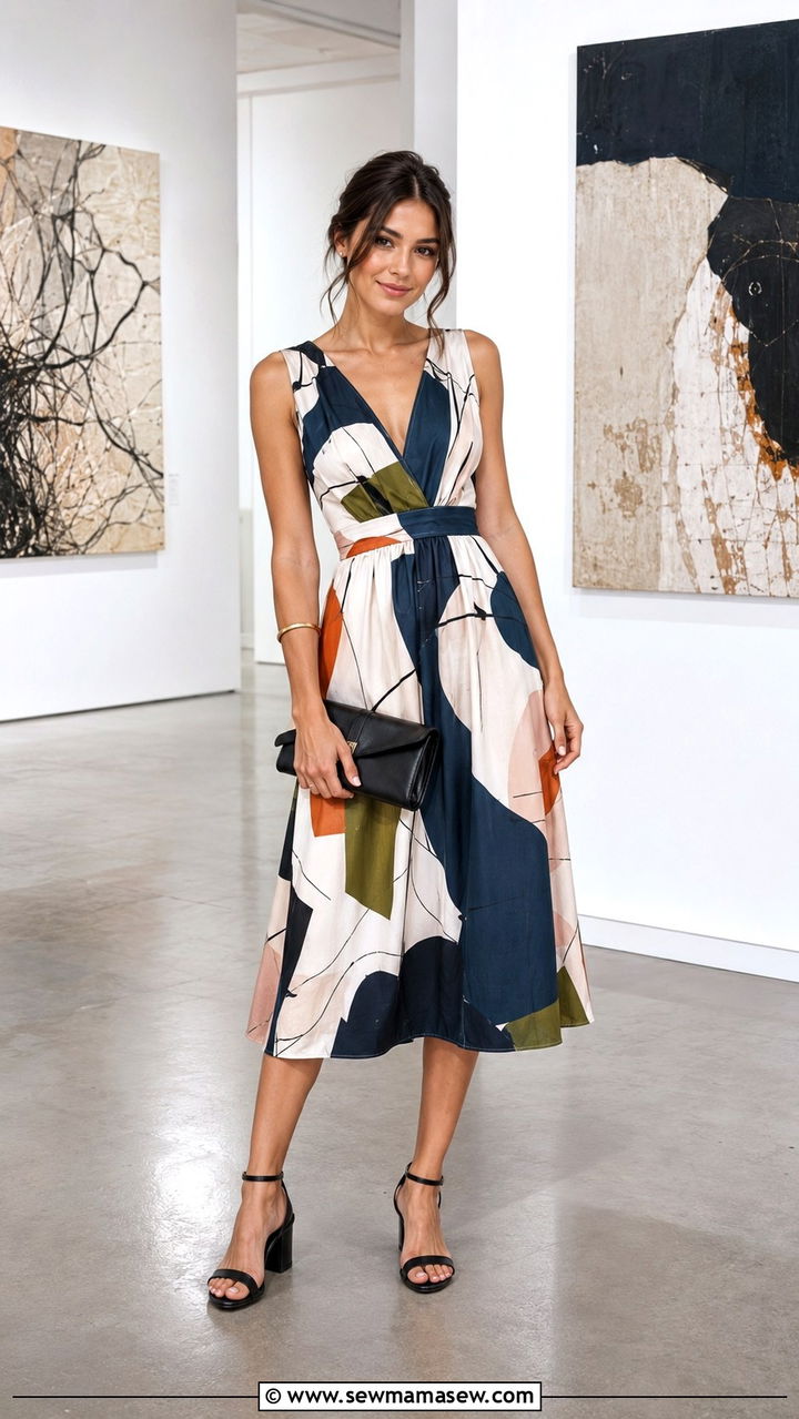 Petite Abstract Print Midi Dress With Block Heels - 25 Petite midi dress outfit ideas