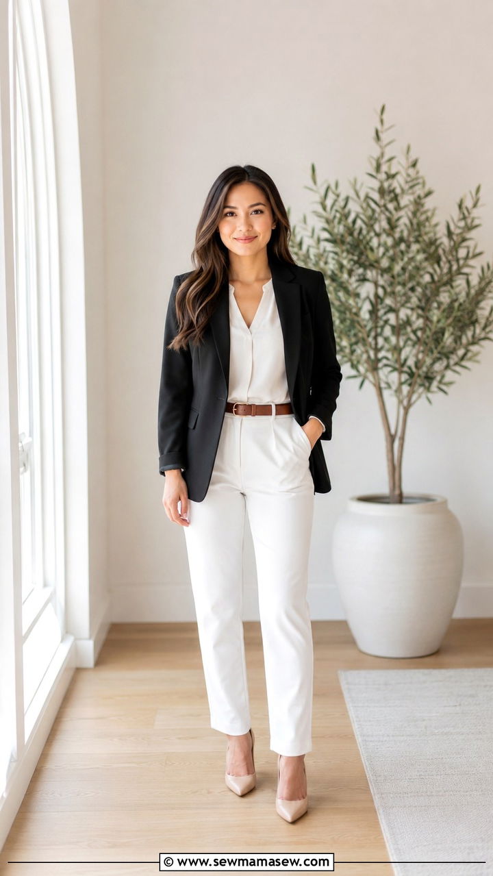 Petite Black Blazer With White Straight Leg Pants - 30 Petite professional outfits