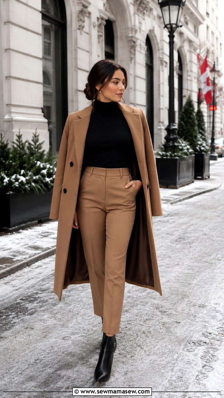 Petite Black Turtleneck And Camel Trousers Outfit - 30 Petite capsule wardrobe 2026
