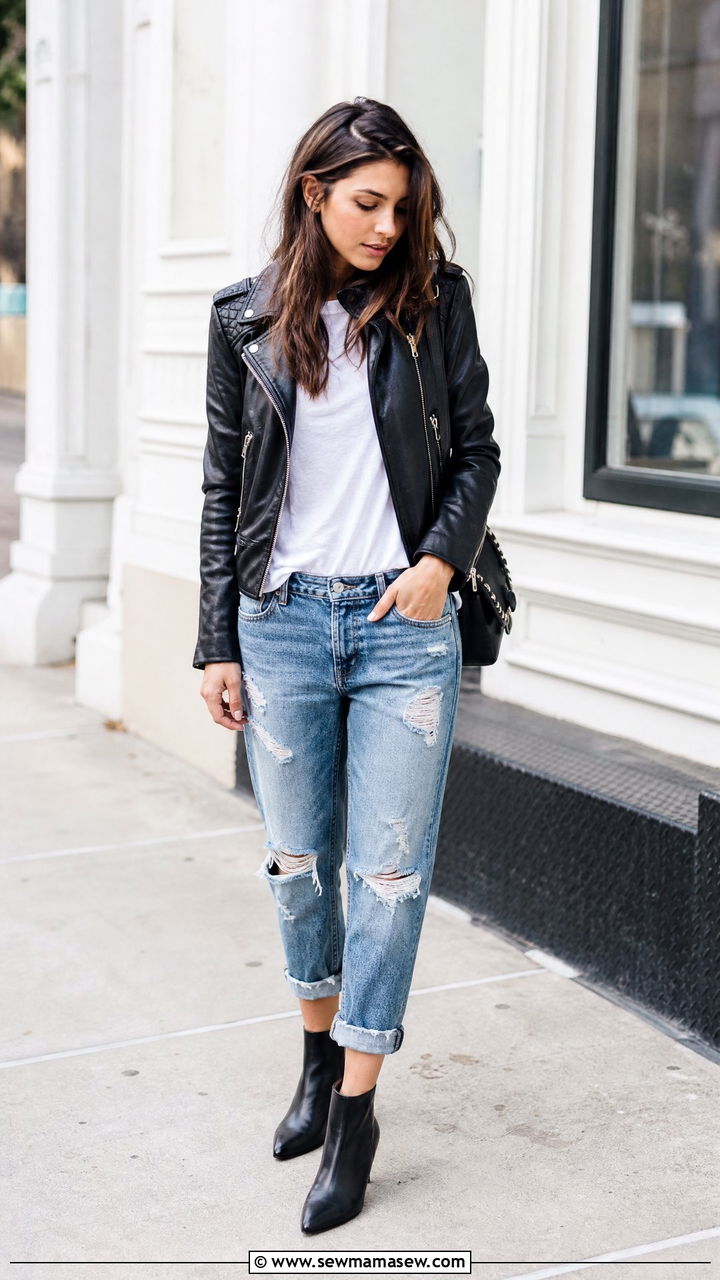 Petite Boyfriend Jeans with a Black Leather Jacket - 25 Petite outfit ideas with boyfriend jeans
