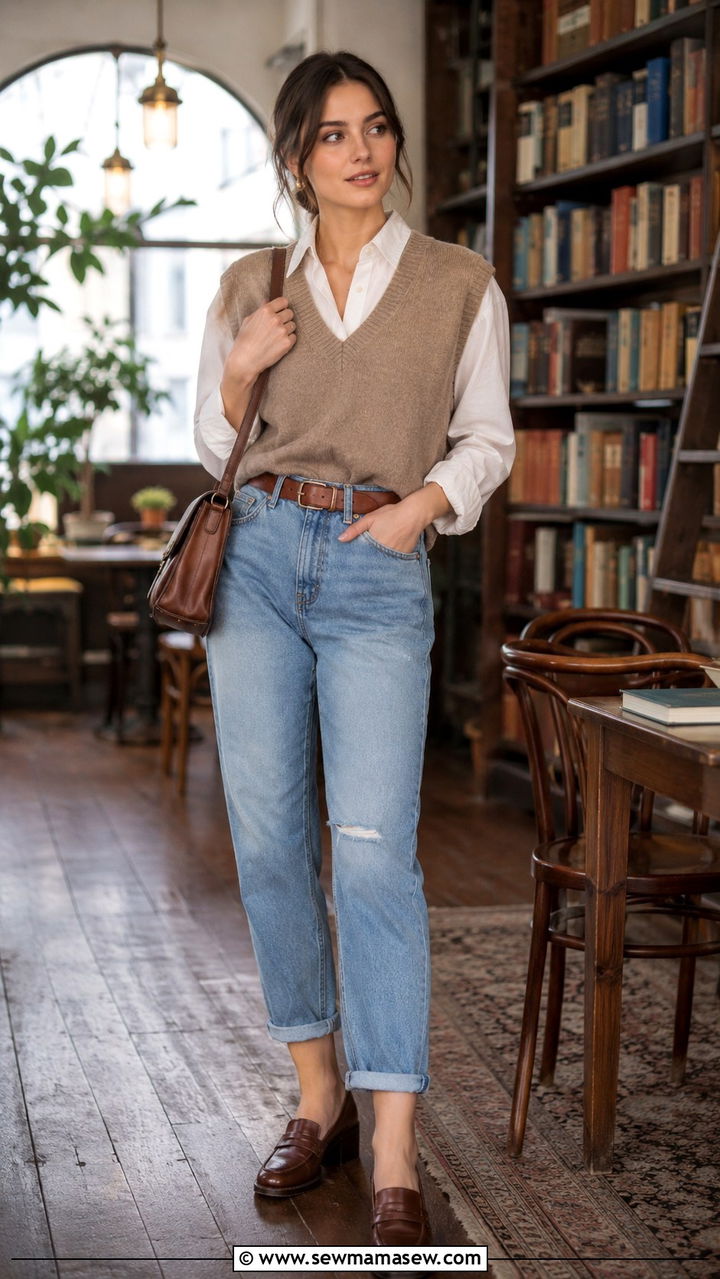 Petite Boyfriend Jeans with a Knit Vest - 25 Petite outfit ideas with boyfriend jeans