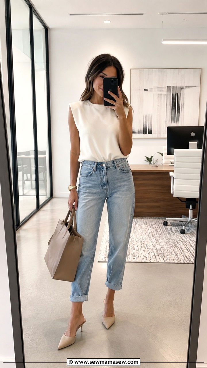 Petite Boyfriend Jeans with a Sleeveless Blouse - 25 Petite outfit ideas with boyfriend jeans