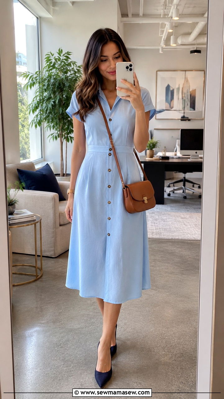 Petite Button Front Midi Dress With Navy Pumps - 25 Petite midi dress outfit ideas