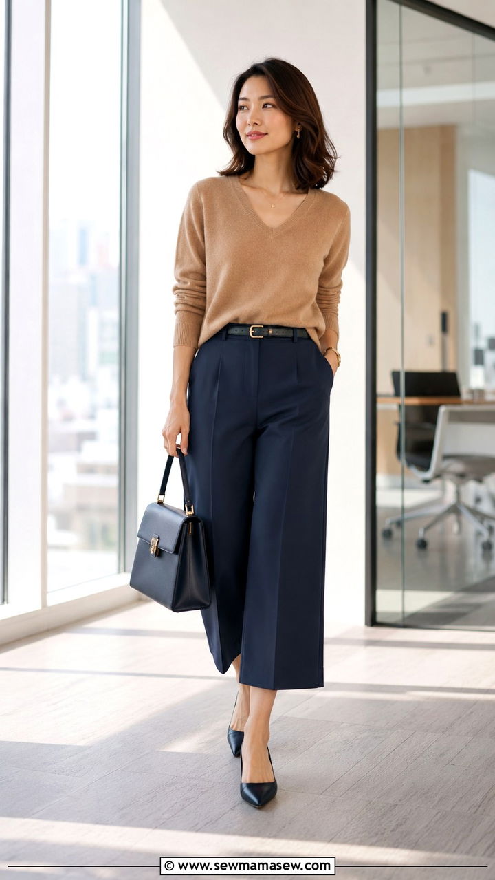 Petite Cashmere V Neck Sweater With Culottes - 30 Petite professional outfits