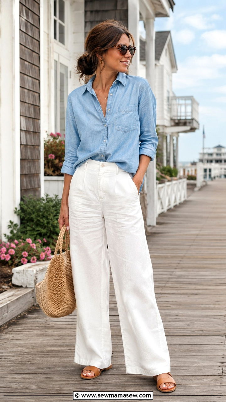 Petite Chambray Shirt White Wide Leg Pants - 30 petite outfit ideas for women