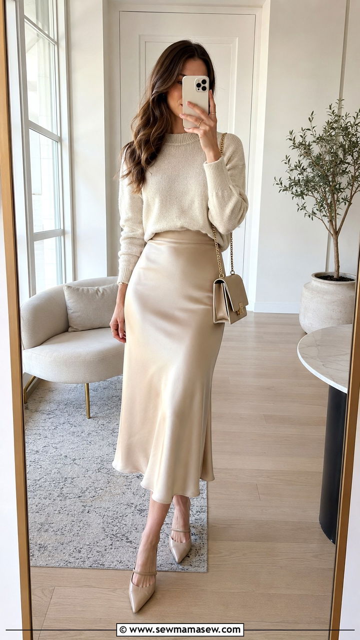 Petite Crewneck Sweater With Satin Slip Skirt - 30 Petite professional outfits