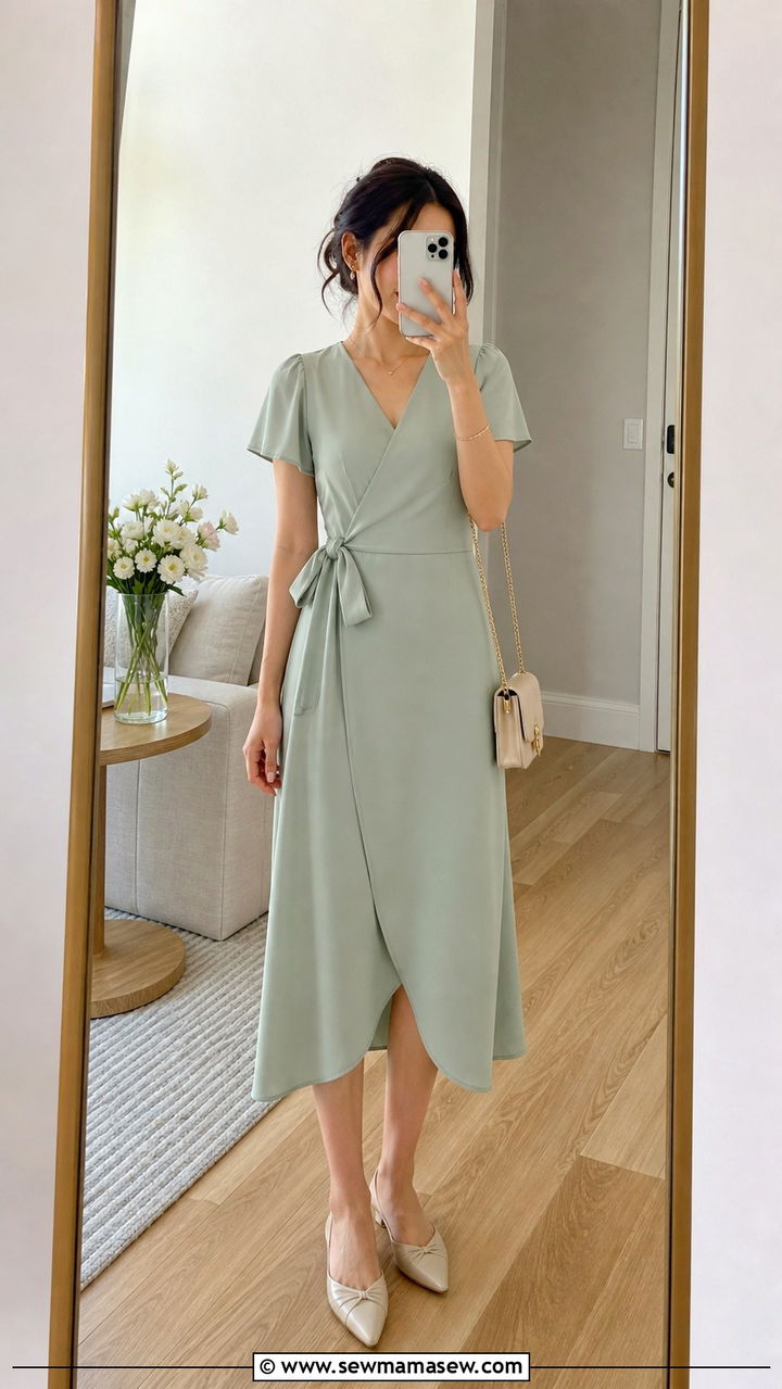 Petite Friendly Midi Wrap Dress With Pointed Flats - 40 spring wedding guest outfit ideas