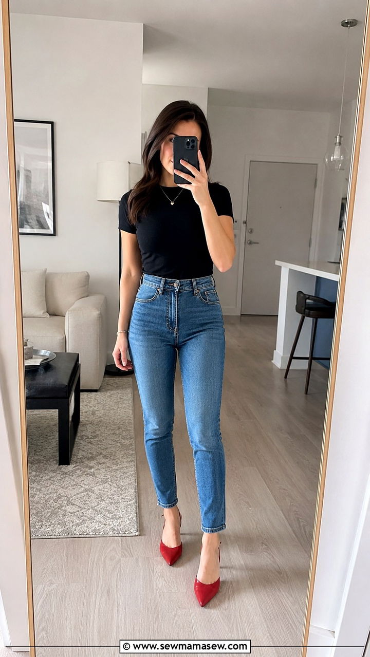 Petite High Waisted Jeans With Pointed Slingback Heels Outfit - 25 Petite jeans outfit ideas with heels