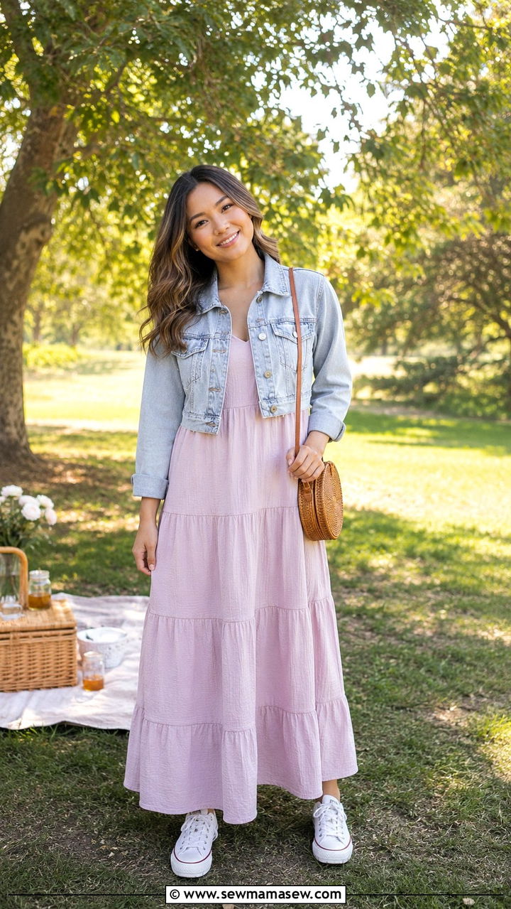 Petite Maxi Dress with Cropped Denim Jacket Outfit - 25 Petite maxi dress outfit ideas