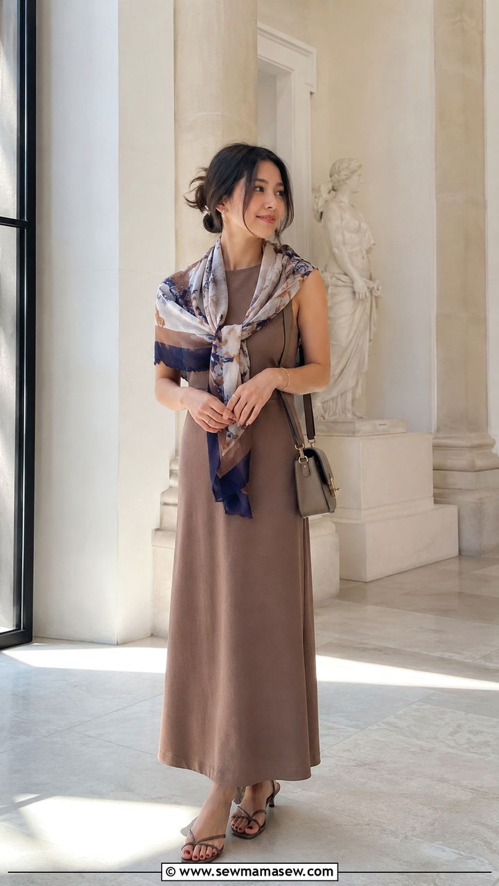 Petite Maxi Dress with a Wrap Scarf Outfit - 25 Petite maxi dress outfit ideas