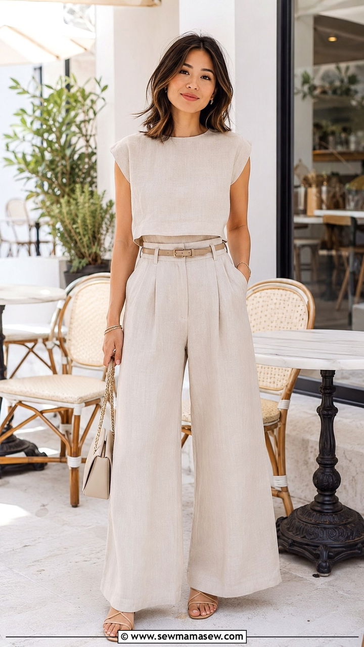 Petite Monochrome Linen Wide Leg Pants Outfit - 25 Petite outfit ideas with wide leg pants