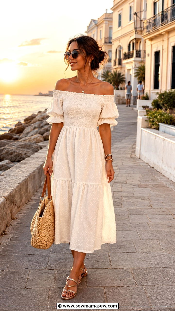 Petite Off Shoulder Midi Dress With Sandals - 25 Petite midi dress outfit ideas