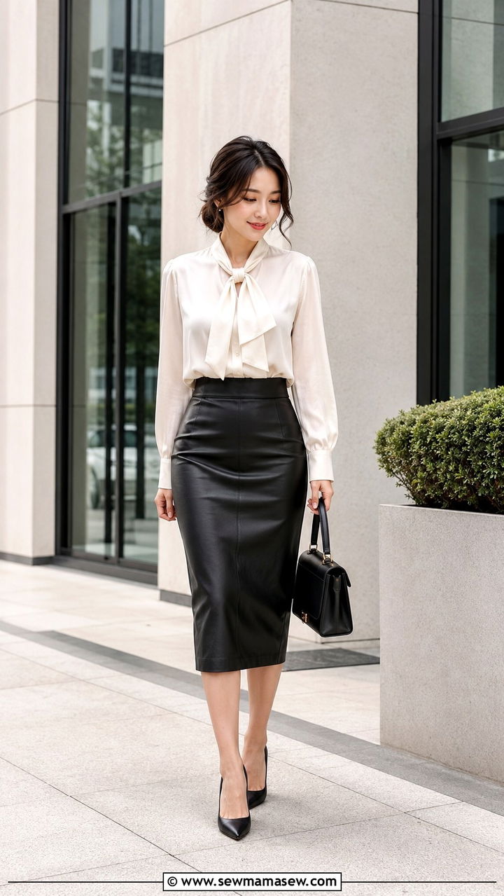 Petite Office Look with Leather Midi Skirt and Silk Blouse - 30 Petite work outfit ideas 2026