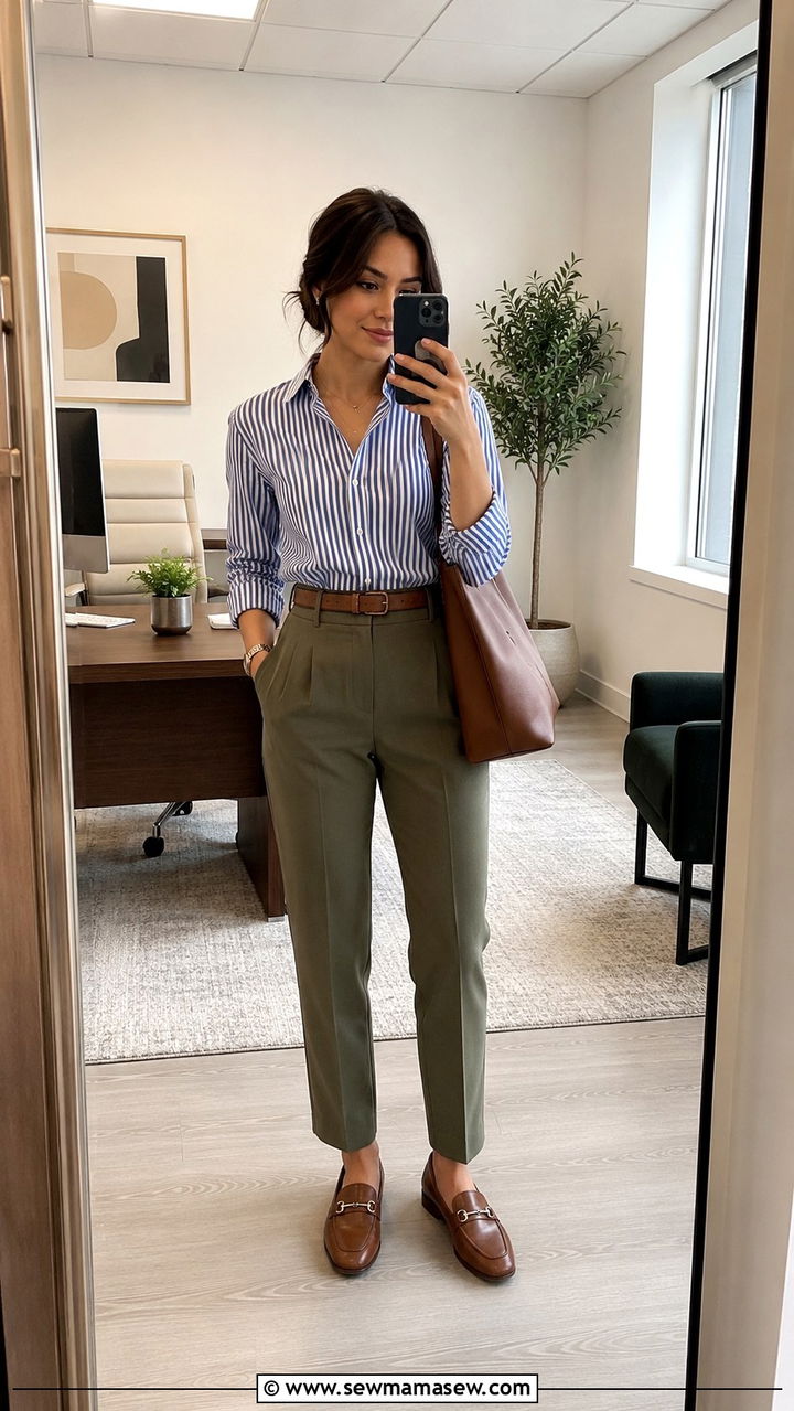 Petite Office Look with Striped Shirt and Olive Green Pants - 30 Petite work outfit ideas 2026