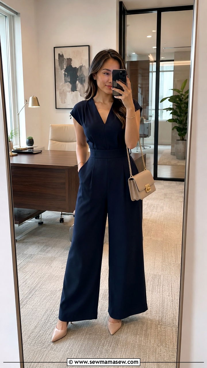 Petite Office Look with Wide Leg Jumpsuit and Heels - 30 Petite work outfit ideas 2026