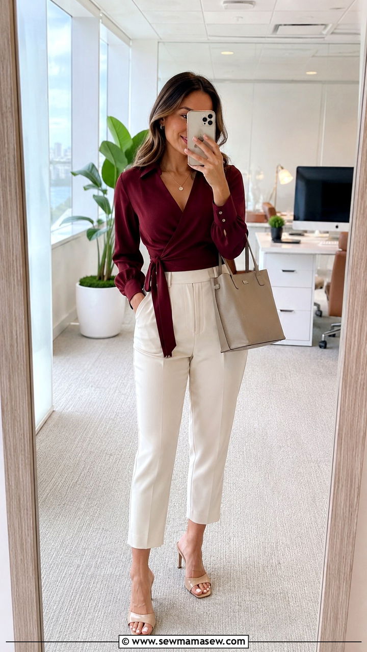 Petite Office Look with Wrap Top and Cropped Ankle Pants - 30 Petite work outfit ideas 2026