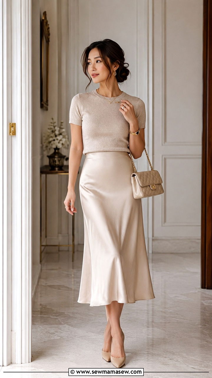 Petite Old Money Knit Top And Satin Midi Skirt Outfit - 25 Petite old money outfit ideas