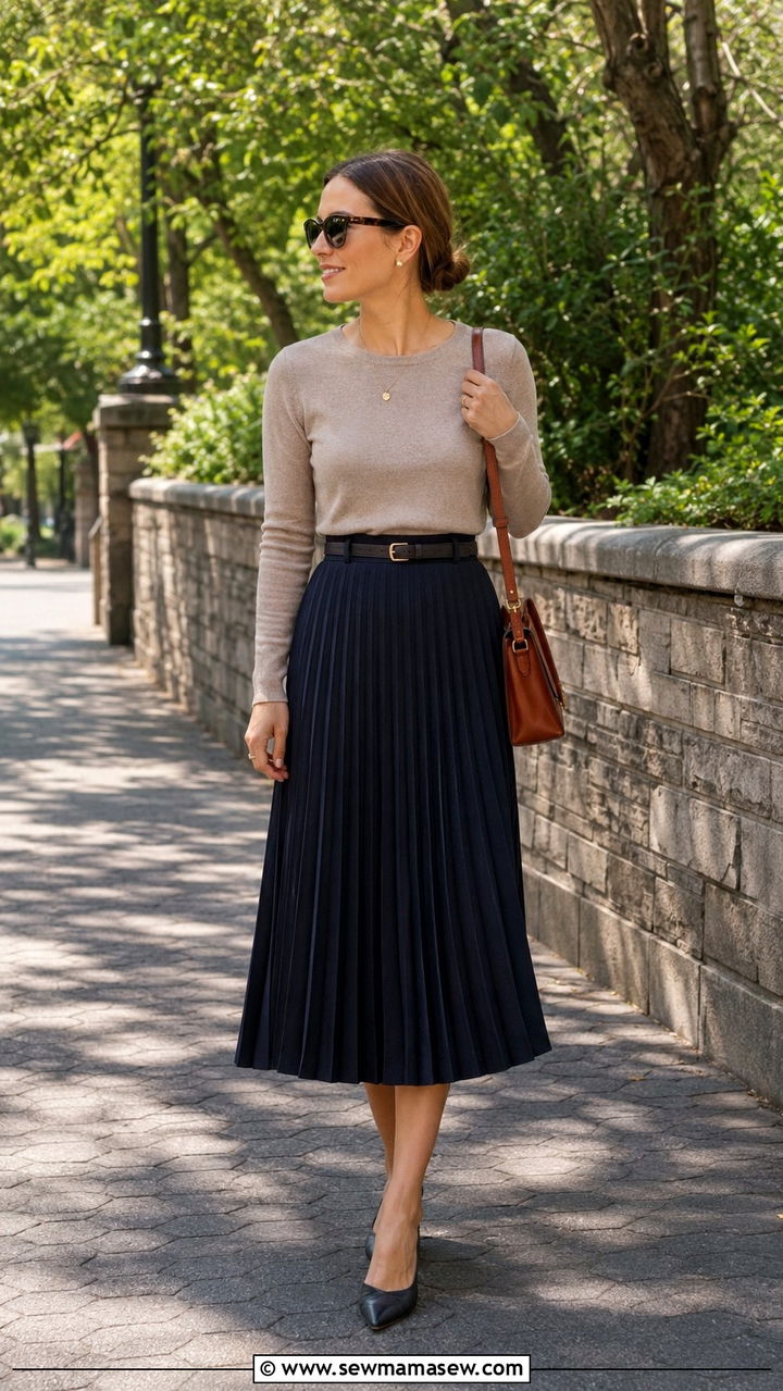 Petite Old Money Pleated Midi Skirt And Fine Knit Sweater Outfit - 25 Petite old money outfit ideas