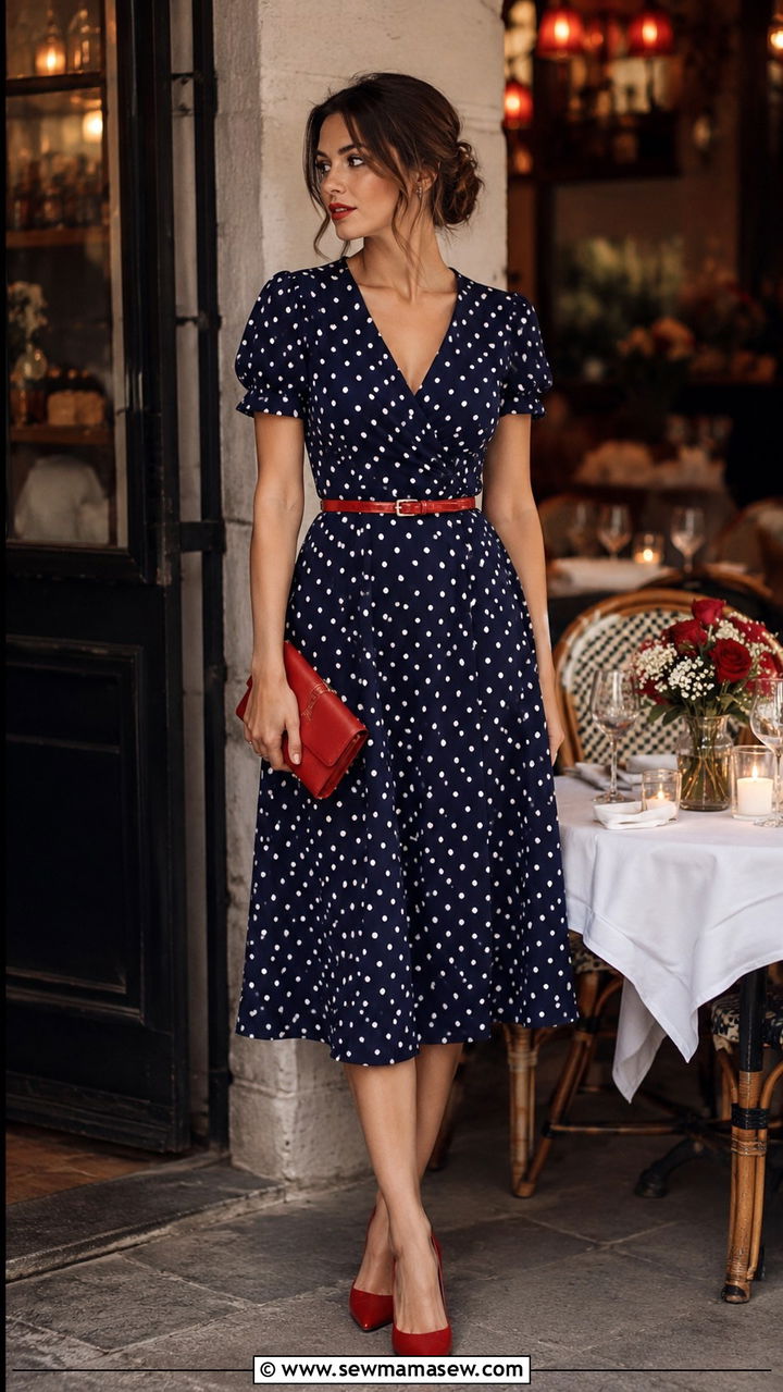 Petite Polka Dot Midi Dress With Red Heels - 25 Petite midi dress outfit ideas