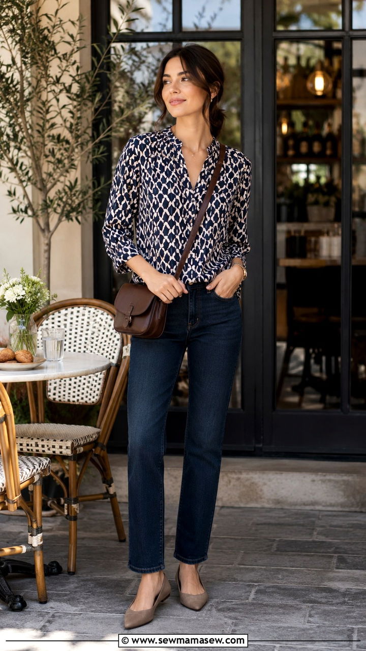 Petite Printed Blouse And Dark Straight Jeans Outfit - 30 Petite capsule wardrobe 2026