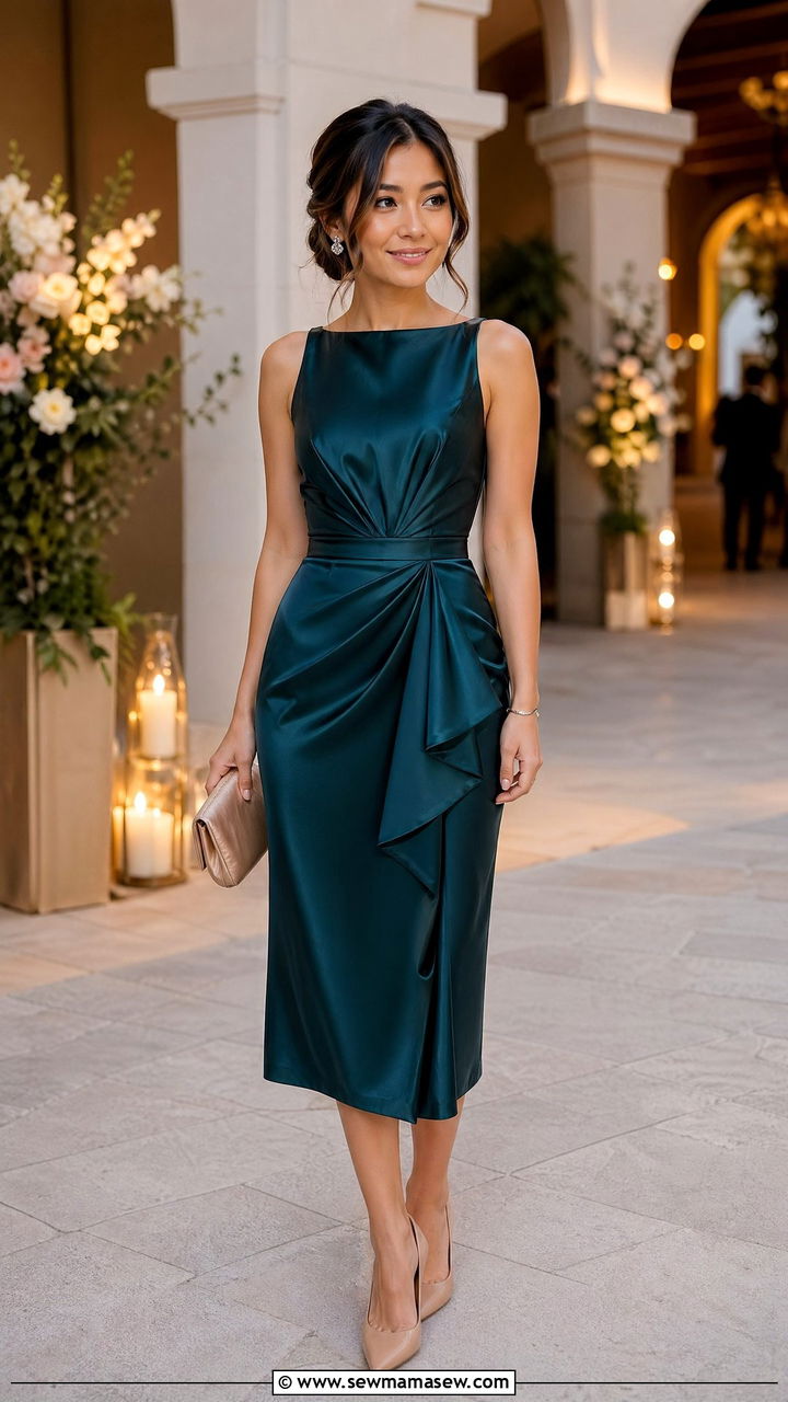 Petite Satin Midi Dress with Pointed Toe Pumps - 35 Evening wedding guest outfits