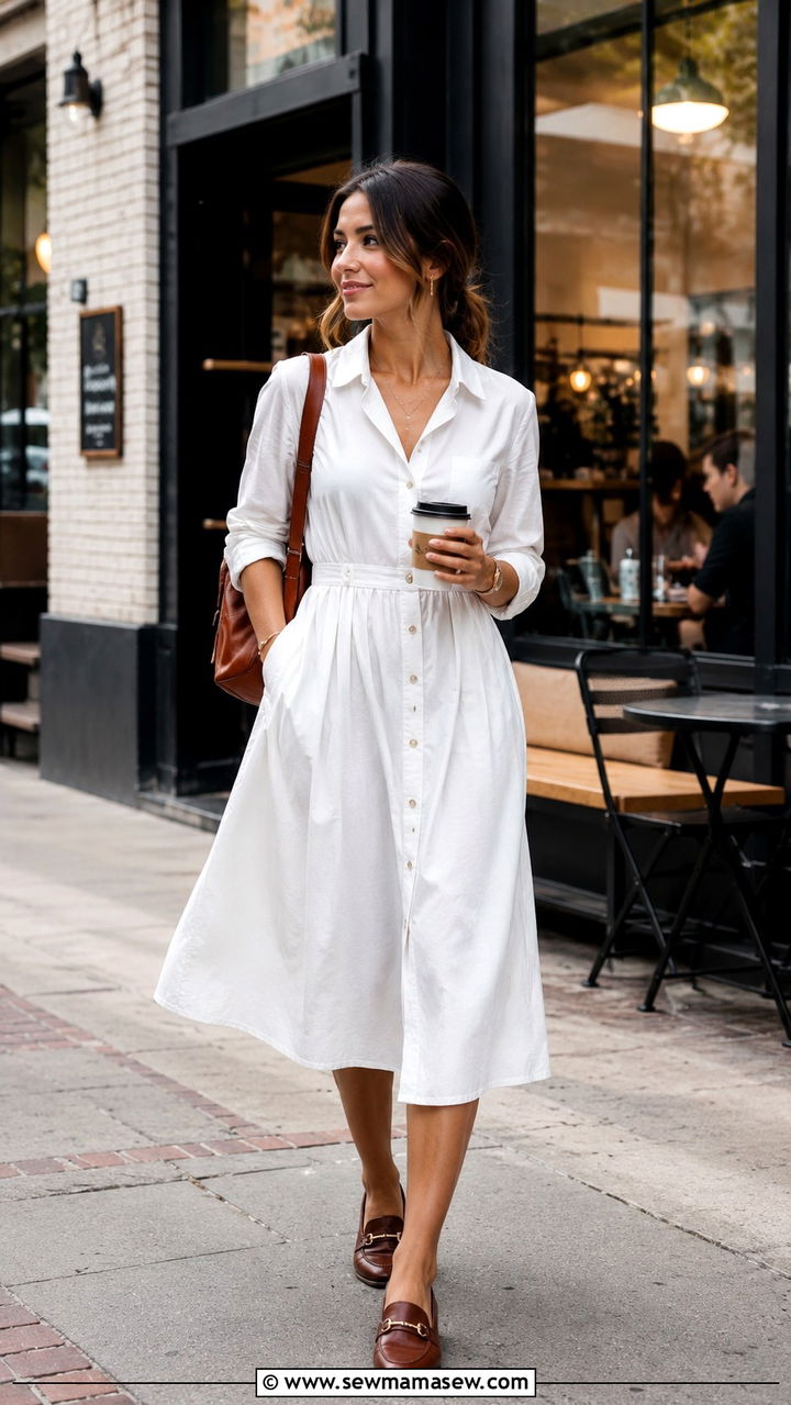 Petite Shirt Midi Dress With Loafers - 25 Petite midi dress outfit ideas