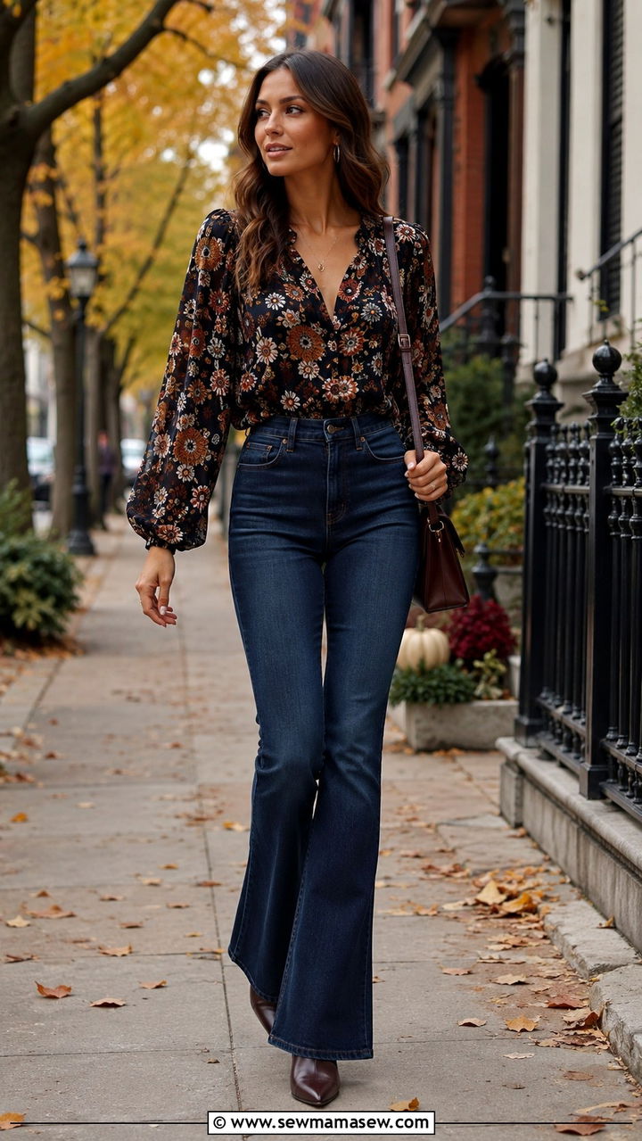 Petite Statement Blouse With Flare Jeans - 30 petite outfit ideas for women