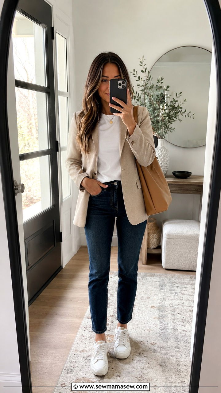 Petite Straight Leg Jeans And Blazer Outfit - 30 Petite capsule wardrobe 2026