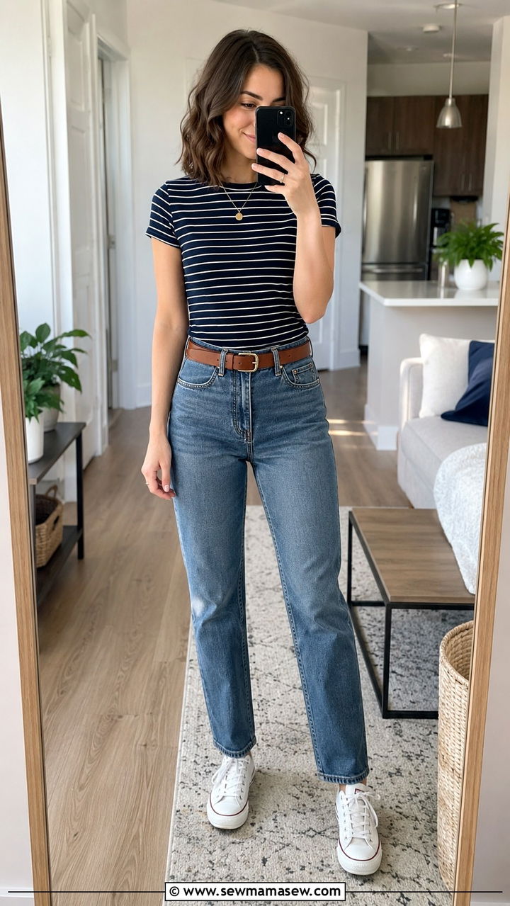 Petite Striped Tee High Rise Straight Jeans - 30 petite outfit ideas for women