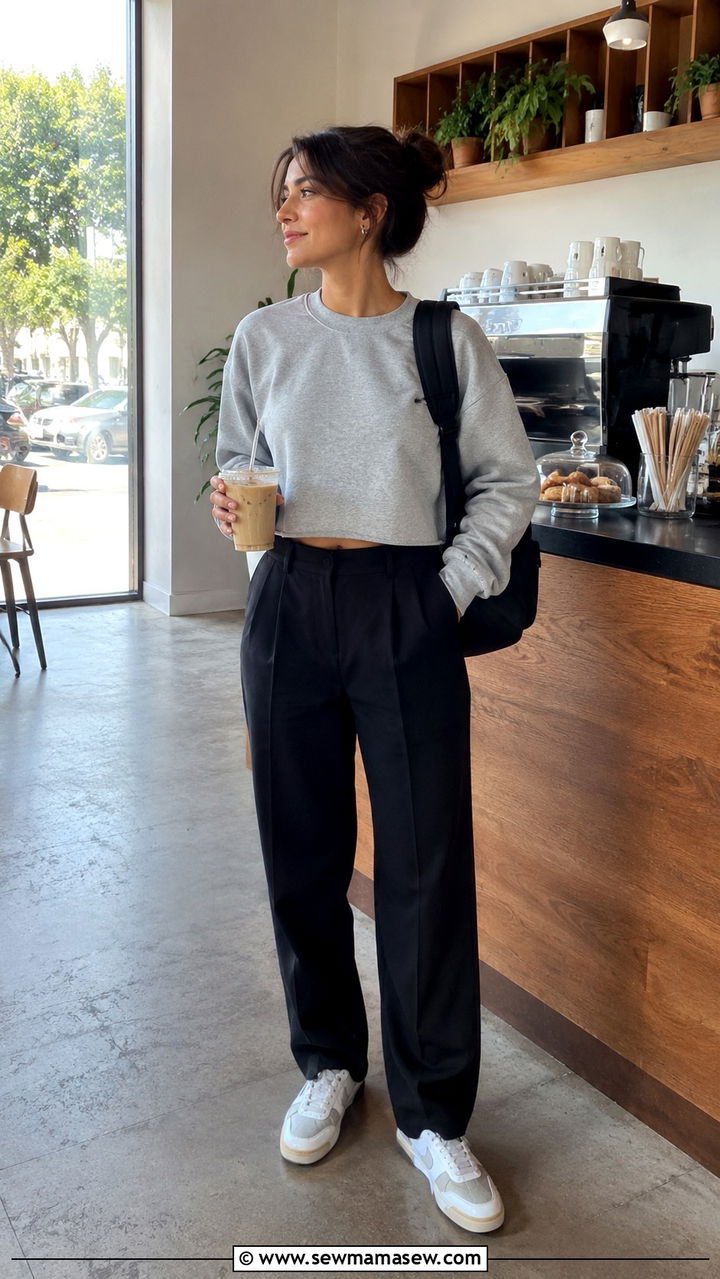 Petite Sweatshirt With Tailored Trousers Outfit - 30 Petite capsule wardrobe 2026