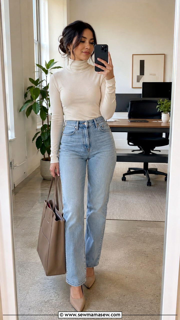 Petite Turtleneck Sweater With Light Wash Jeans - 30 Petite professional outfits
