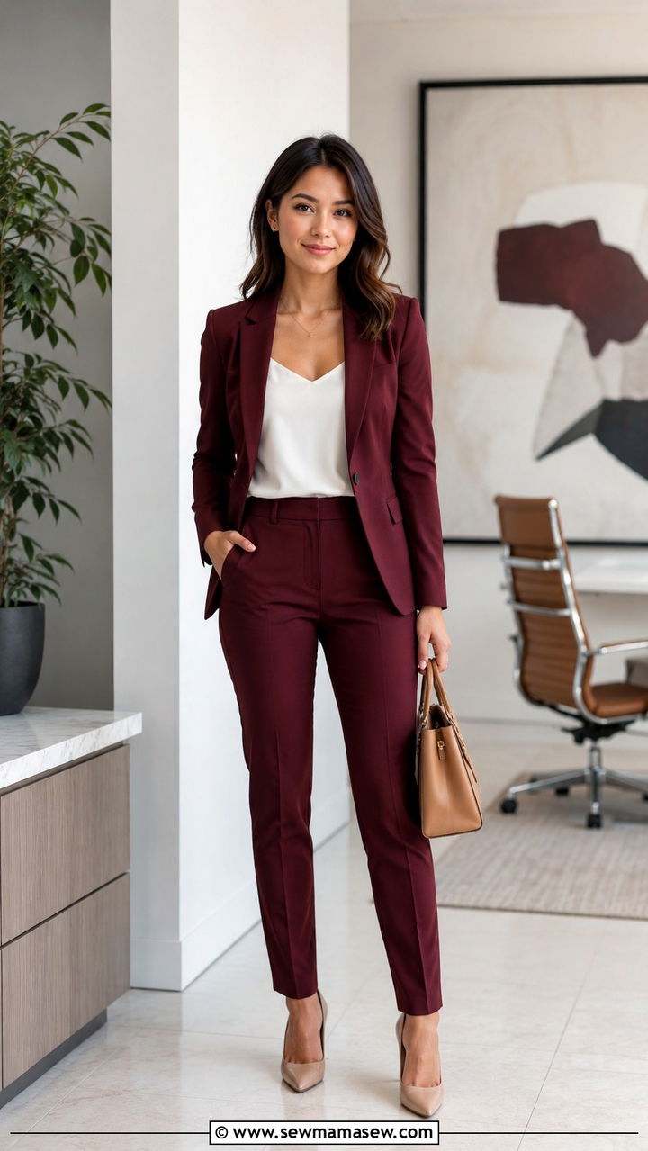 Petite Work Outfit with Burgundy Suit and Nude Heels - 30 Petite work outfit ideas 2026