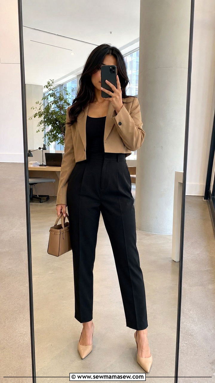 Petite Work Outfit with Cropped Blazer and High Waist Trousers - 30 Petite work outfit ideas 2026