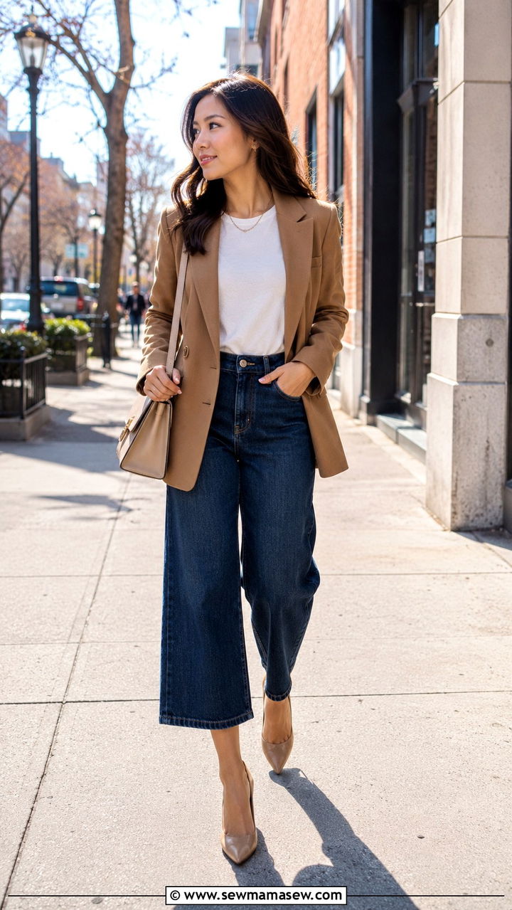 Petite Work Outfit with Denim Wide Leg Jeans and Structured Blazer - 30 Petite work outfit ideas 2026
