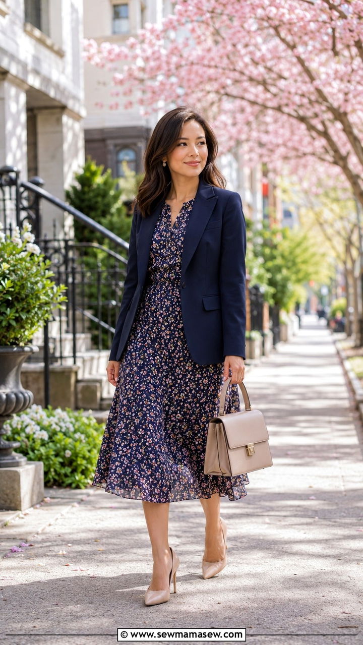 Petite Work Outfit with Floral Midi Dress and Structured Blazer - 30 Petite work outfit ideas 2026