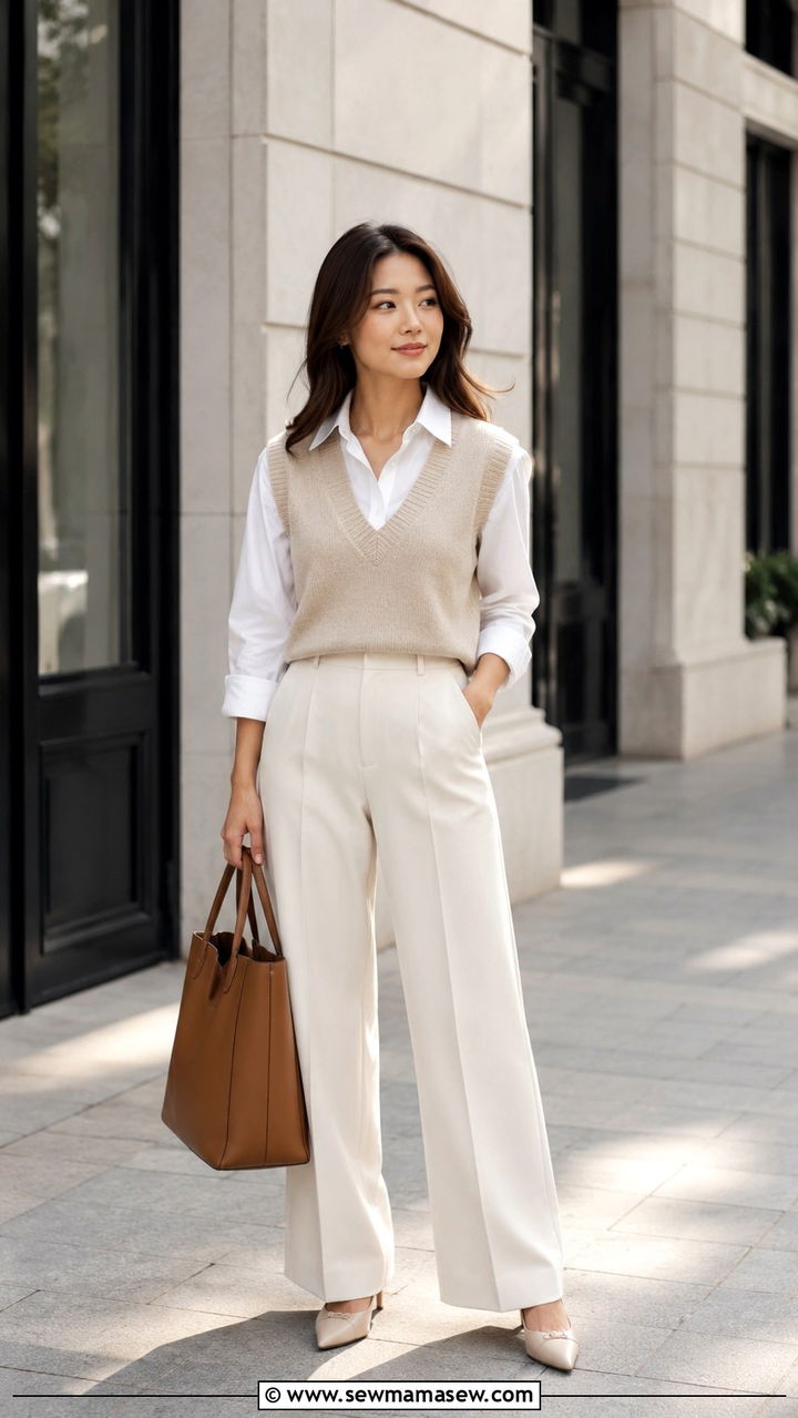 Petite Work Outfit with Knit Vest and Wide Leg Pants - 30 Petite work outfit ideas 2026