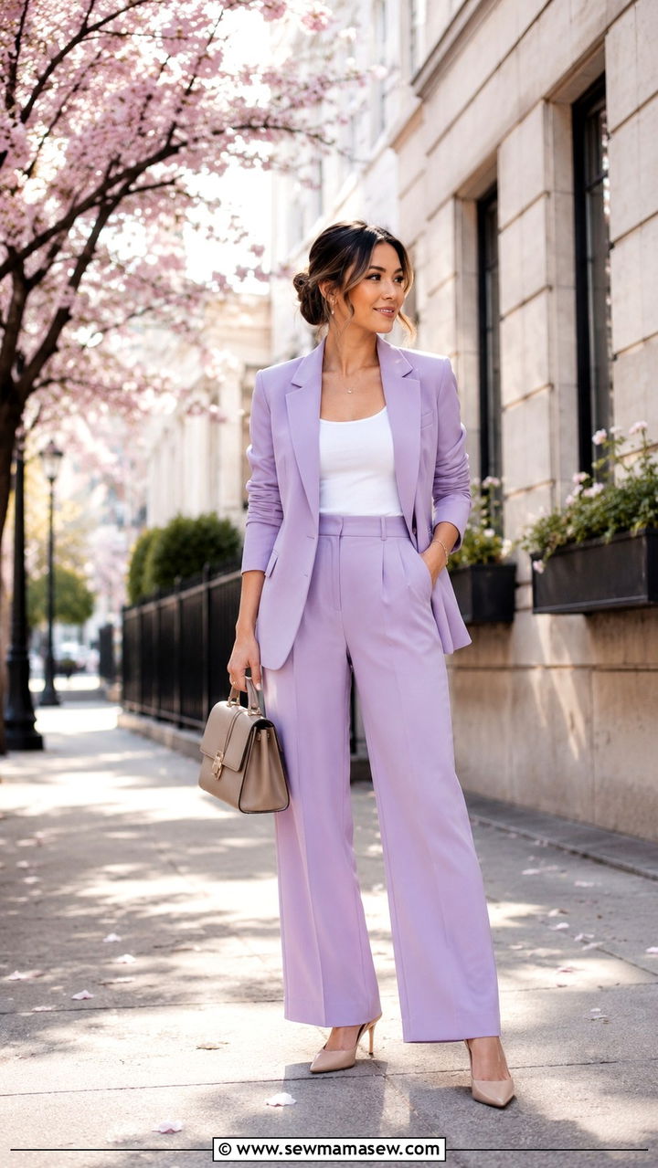 Petite Work Outfit with Pastel Blazer and Wide Leg Trousers - 30 Petite work outfit ideas 2026