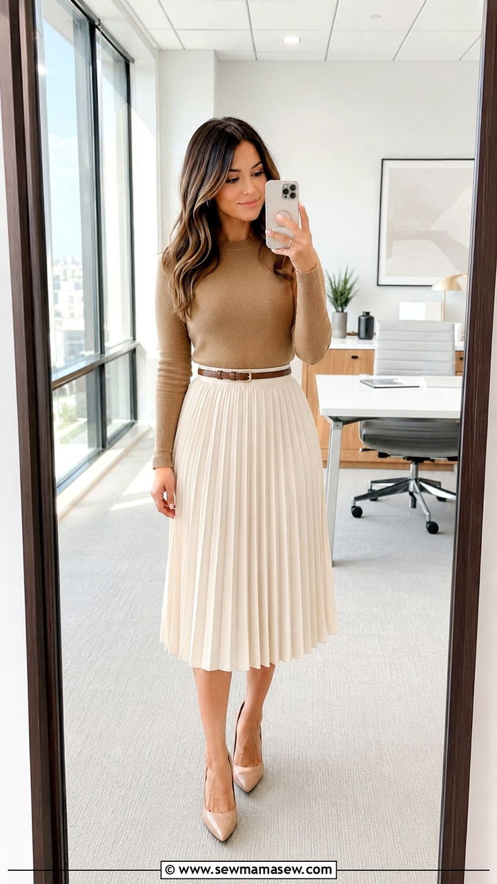 Petite Work Outfit with Pleated Midi Skirt and Fitted Top - 30 Petite work outfit ideas 2026