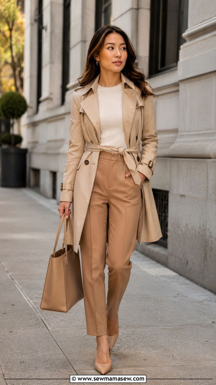 Petite Work Outfit with Trench Coat and Tailored Work Pants - 30 Petite work outfit ideas 2026