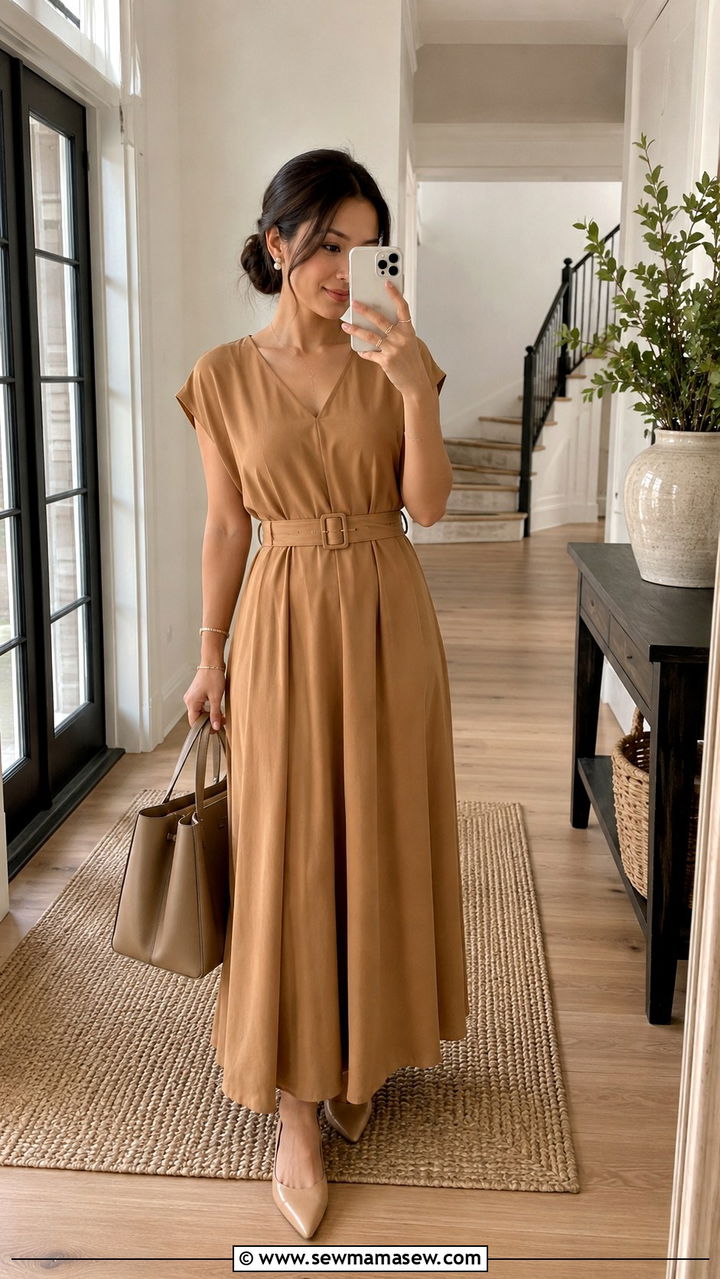 Petite belted maxi dress with pointed toe flats and structured tote - 25 Petite outfit ideas with maxi dress