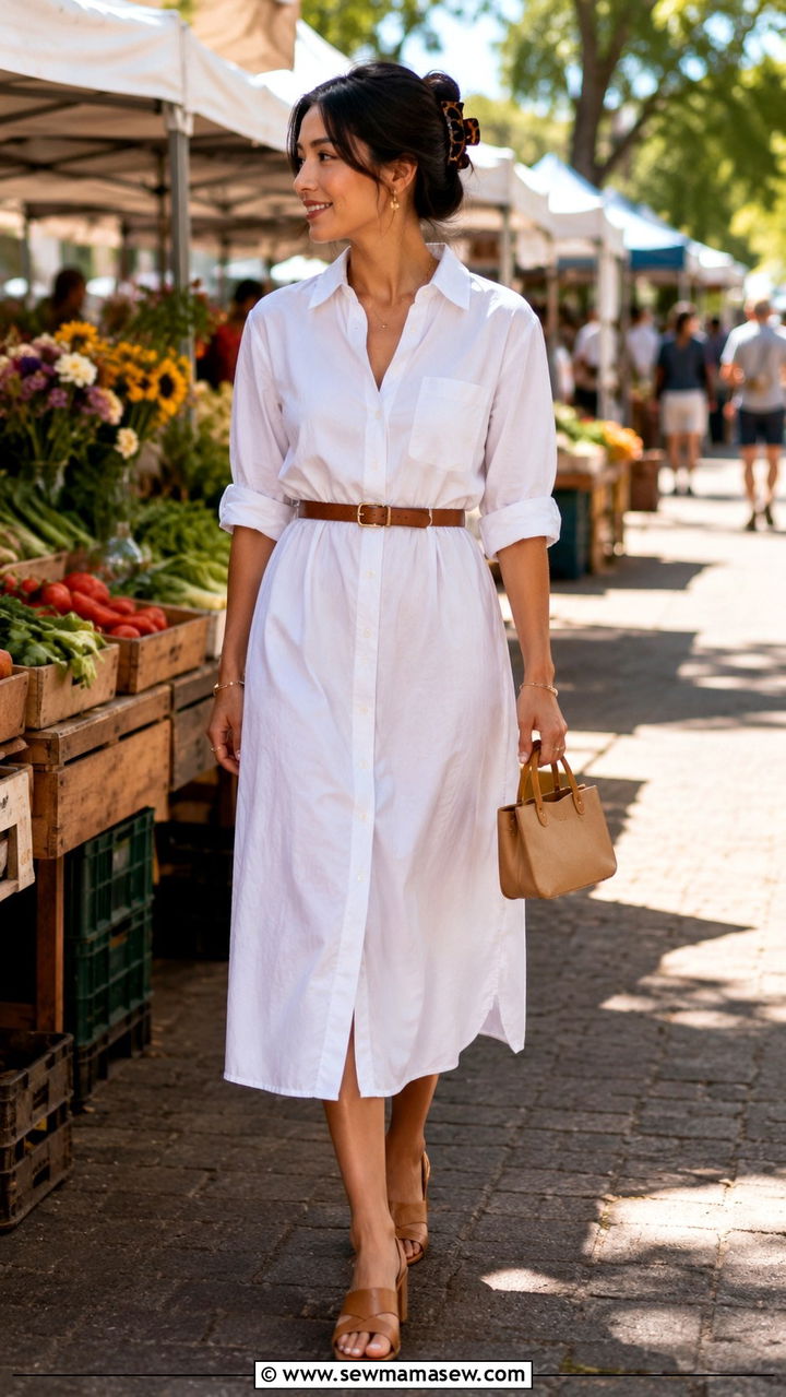 Petite belted shirt midi dress with block heel mules - 25 Midi dress petite outfit ideas