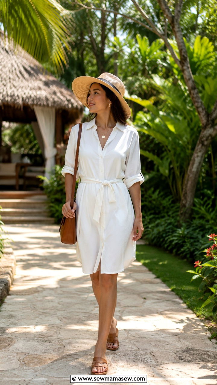 Petite belted shirtdress with straw hat and flat sandals - 30 Resort wear outfit ideas petite