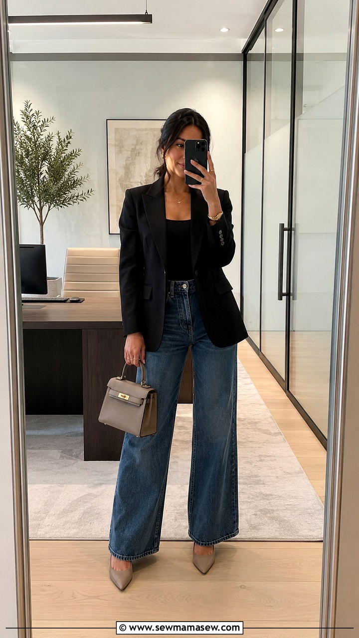 Petite black blazer with wide leg jeans - 30 Petite work outfits