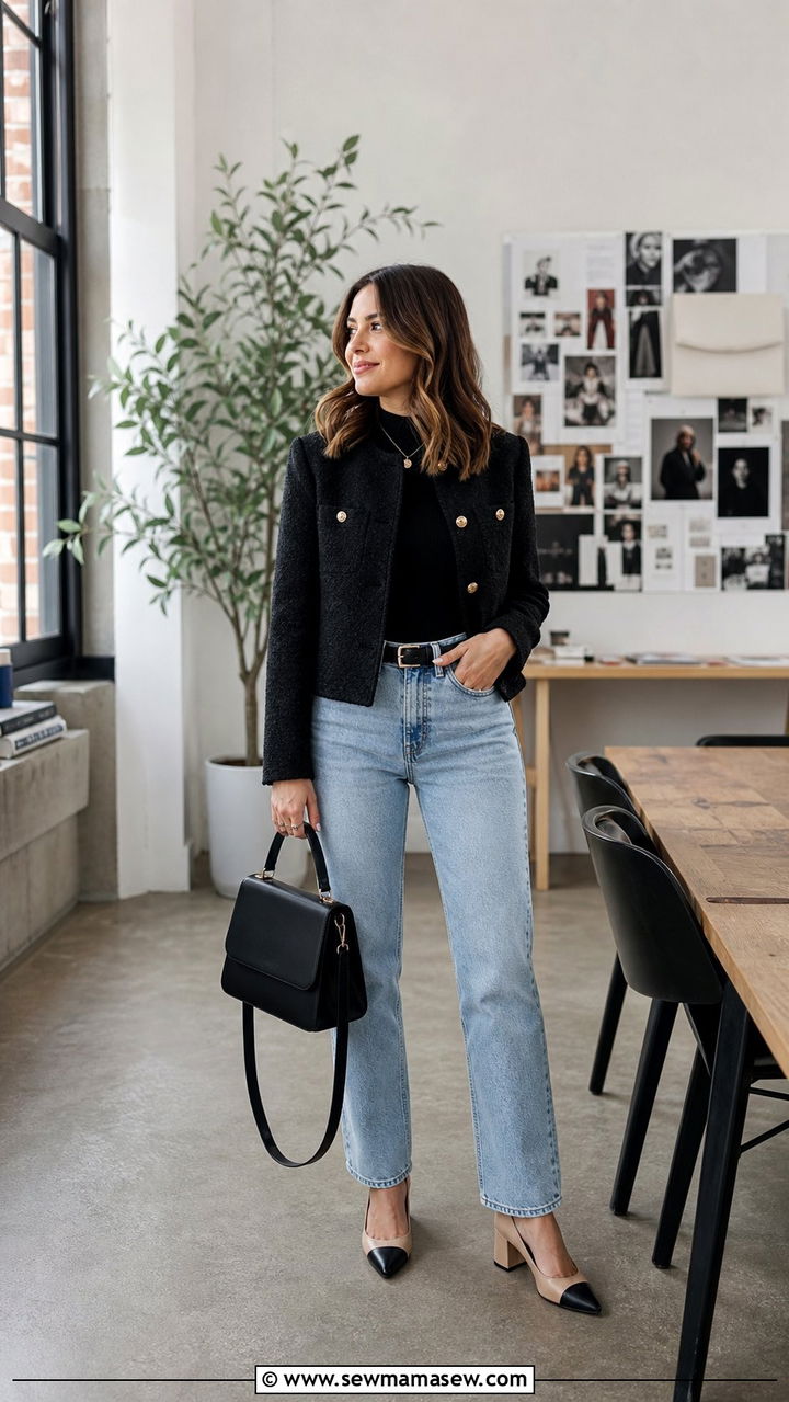 Petite black jacket with light wash jeans - 35 Business casual outfits for petite women